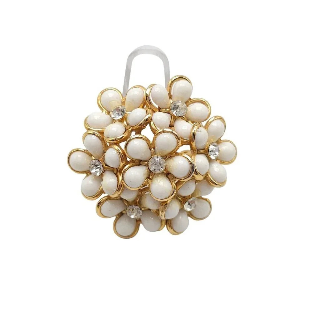 Floral White Lucite Clear Rhinestone Gold Tone 1.5" Round Brooch Pin Vintage